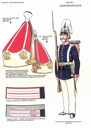 Grenadier des 1. Garderegiments zu Fuß in Paradeuniform 1847, Zeichnung von Fritz Kersten